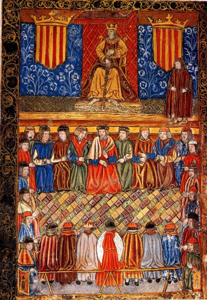 Ferran II d'Aragó 'el Catòlic' presidint les Corts Catalanes. Frontis d'una edició de 1495 de les Constitucions catalanes -  Ferran II d'Aragó 'el Catòlic' presidint les Corts Catalanes. Frontis d'una edició de 1495 de les Constitucions catalanes -