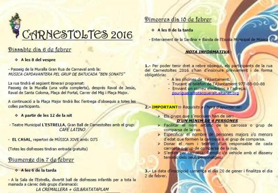 cartell Carnestoltes de Santa Coloma de Queralt 2016