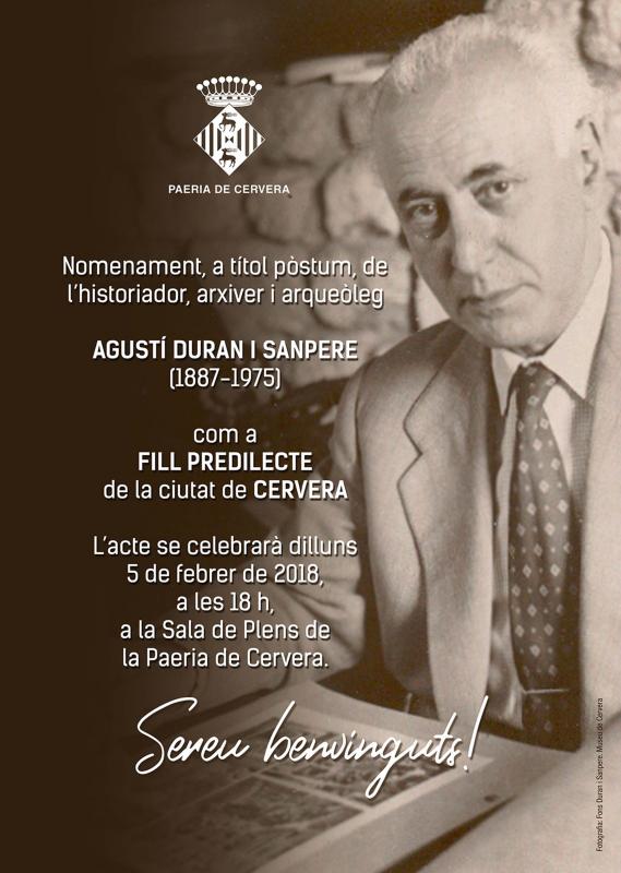 Agustí Duran i Sanpere, nomenament de fill predilecte de Cervera - Cervera Agustí Duran i Sanpere, nomenament de fill predilecte de Cervera - Cervera