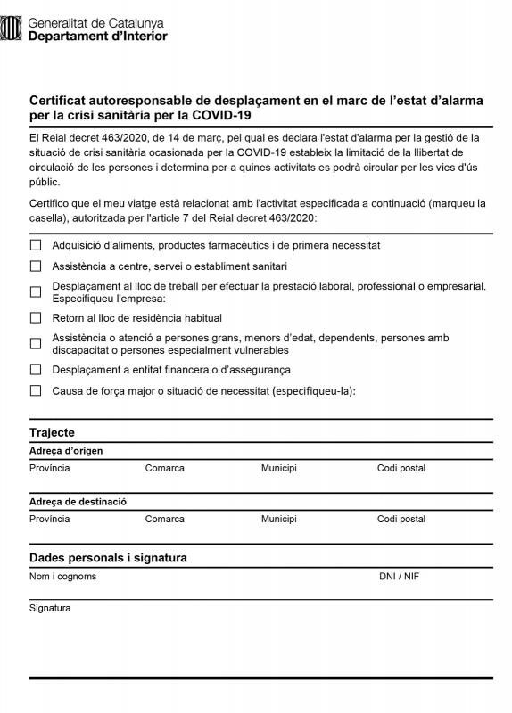 Certificat autoresponsable de desplaçament en el marc de l’estat d’alarma per la crisi sanitària per la COVID-19