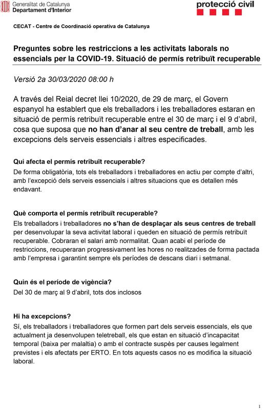 Preguntes sobre les restriccions a les activitats laborals no essencials per la COVID-19. Situació de permís retribuït recuperable