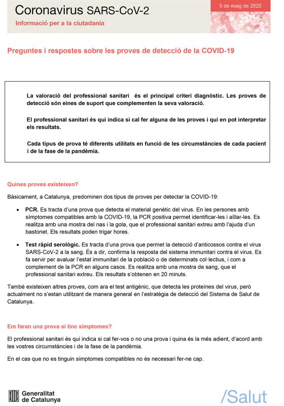 FAQS sobre sobre les proves de detecció de la COVID-19