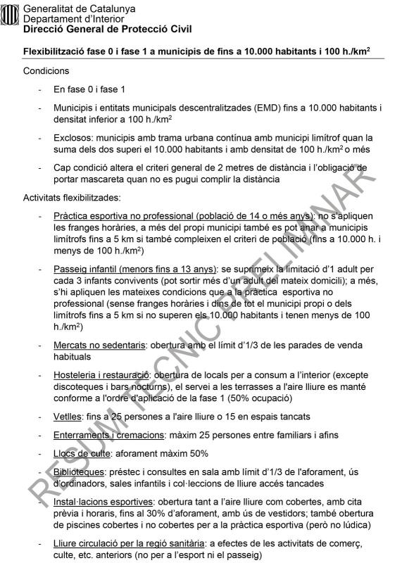 Ja no hi ha franges horàries en els municipis en fase 1 de menys de 10.000 habitants - 