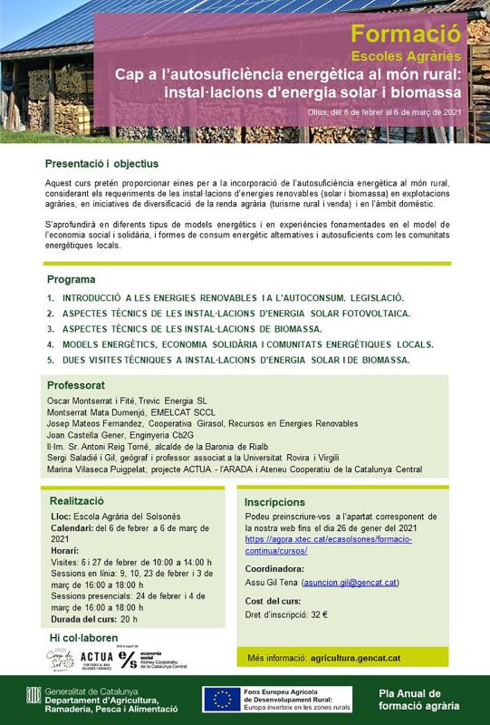 Curs sobre autosuficiència energètica al món rural a l'Escola Agrària del Solsonès