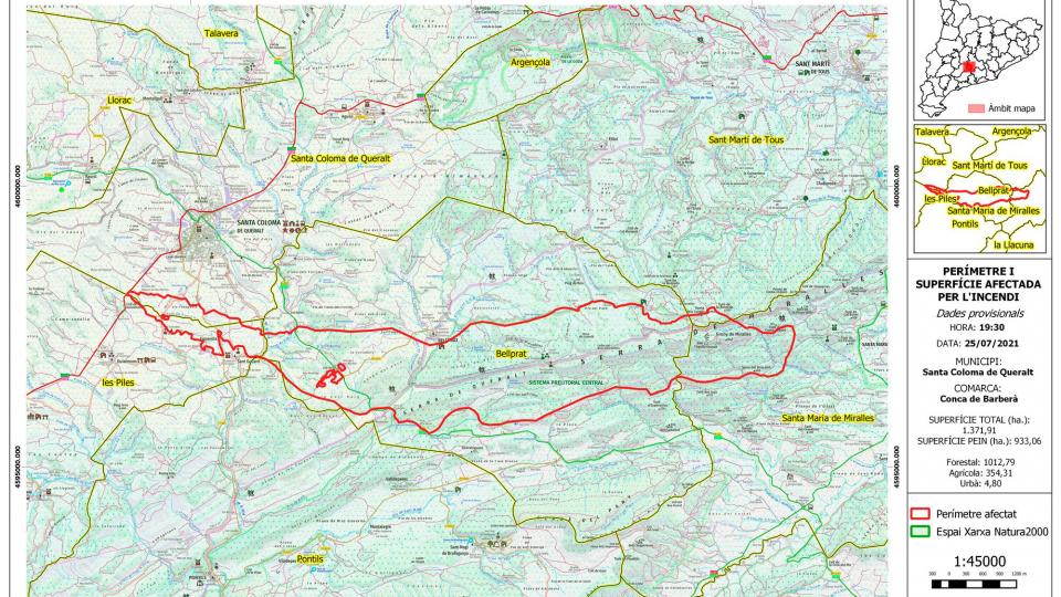 Perímetre afectat per l'incendi forestal de la Baixa Segarra - Santa Coloma de Queralt