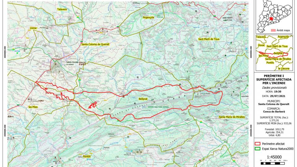 Perímetre afectat per l'incendi forestal de la Baixa Segarra - Santa Coloma de Queralt