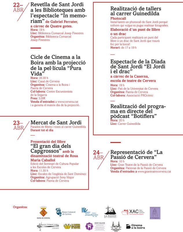 Programa Setmana cultural Sant Jordi 2022 a Cervera - Cervera