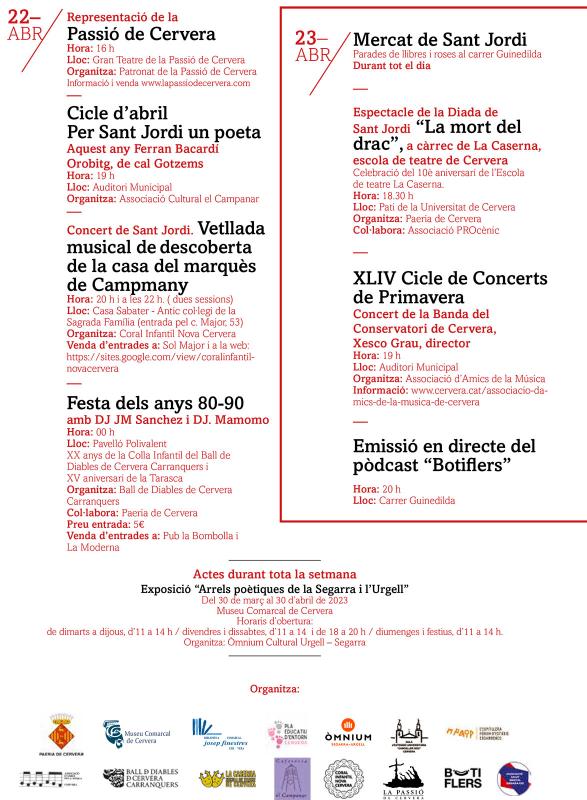 cartell Setmana cultural Sant Jordi 2023 - Cervera