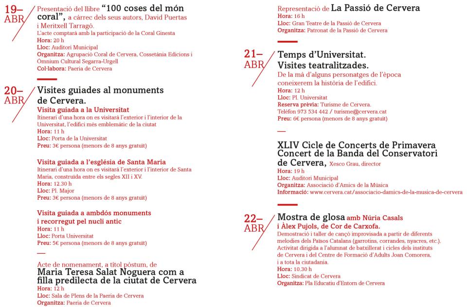 progama Setmana cultural Sant Jordi 2024 a Cervera - Cervera