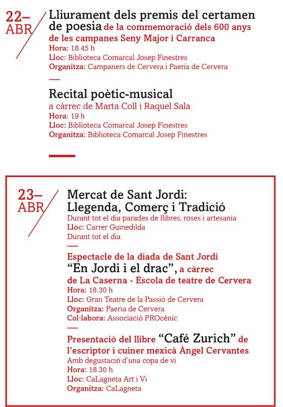 programa 22 i 23 Setmana cultural Sant Jordi 2025 a Cervera - Cervera