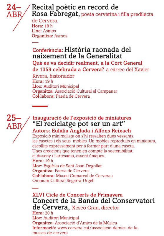programa 24 i 25 Setmana cultural Sant Jordi 2025 a Cervera - Cervera
