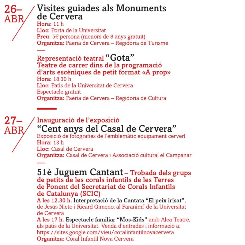 programa 26 i 27 Setmana cultural Sant Jordi 2025 a Cervera - Cervera