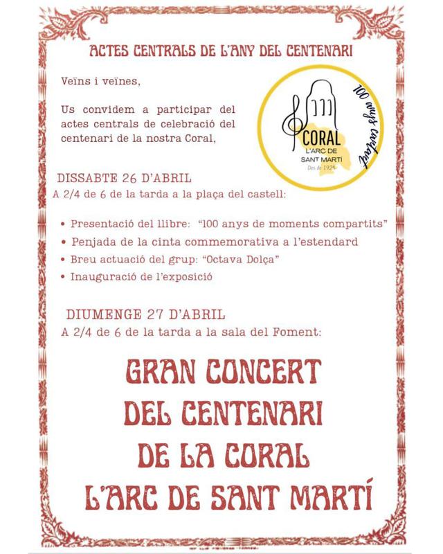 cartell Concert del centenari de la coral l'Arc de Sant Martí