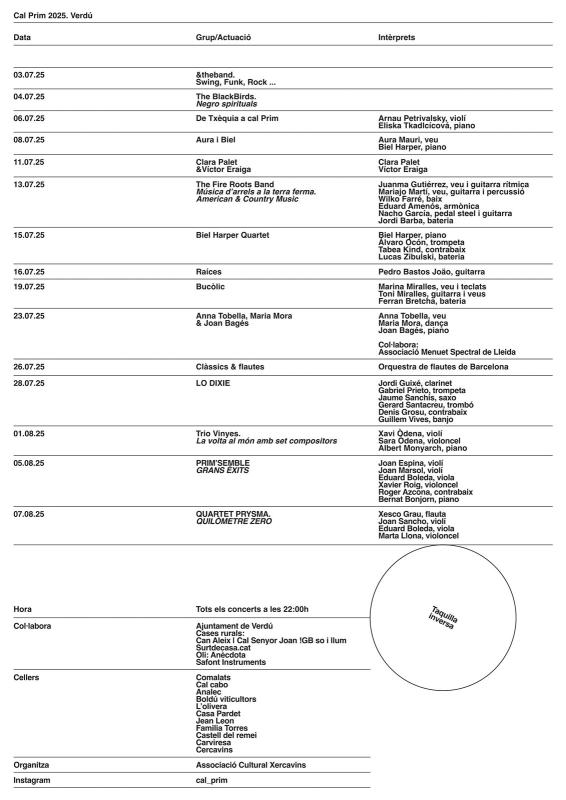 programa 14è Cicle de concerts a cal Prim - Verdú