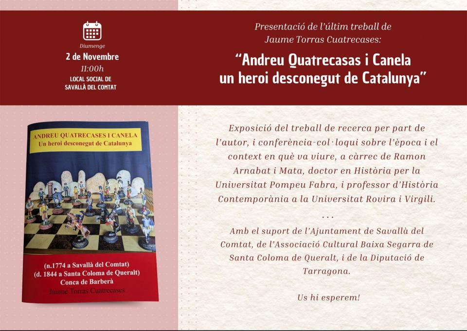 cartell Presentació del llibre ' Andreu Quatrecasas i Canela, un heroi desconegut de Catalunya'
