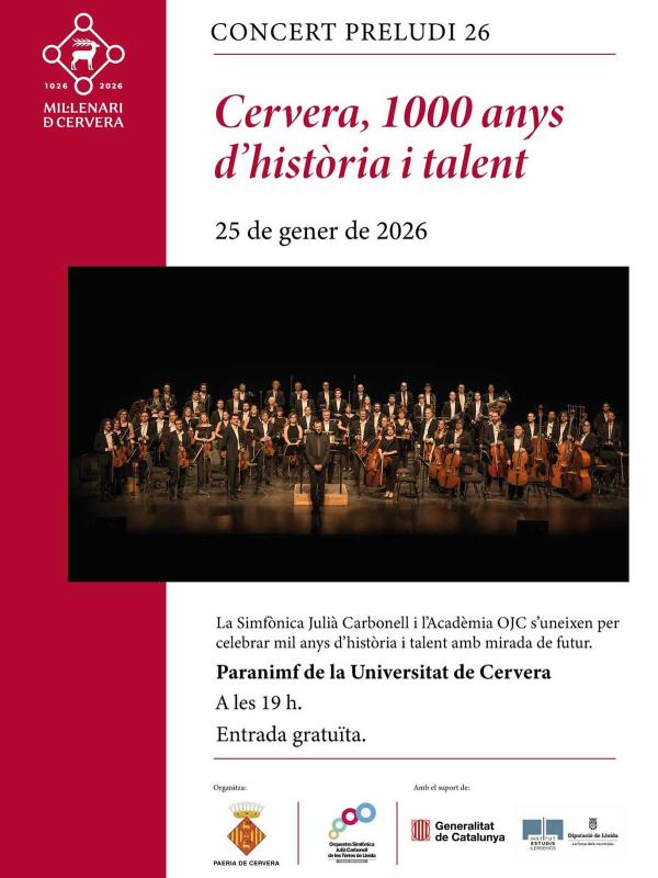 cartell Concert 'Preludi 26: Cervera, 1.000 anys d’història i talent'