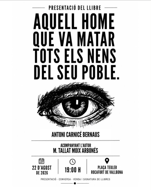 cartell Presentació del llibre 'Aquell home que va matar tots els nens del poble'
