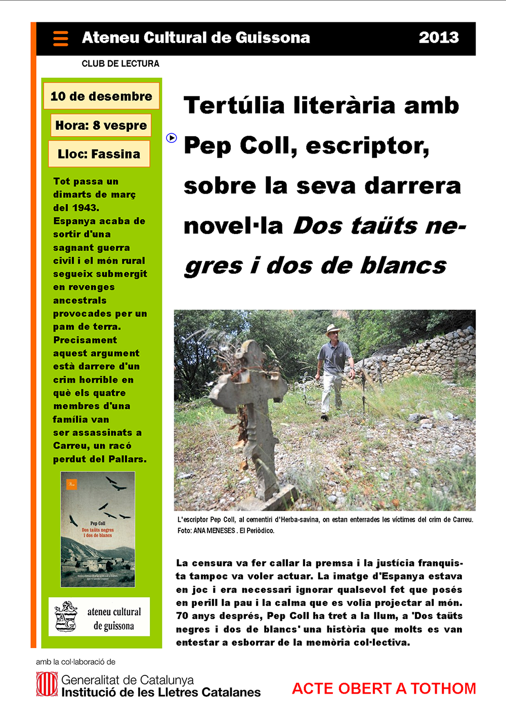 Cartell tertúlia literària amb l'escriptor Pep Coll