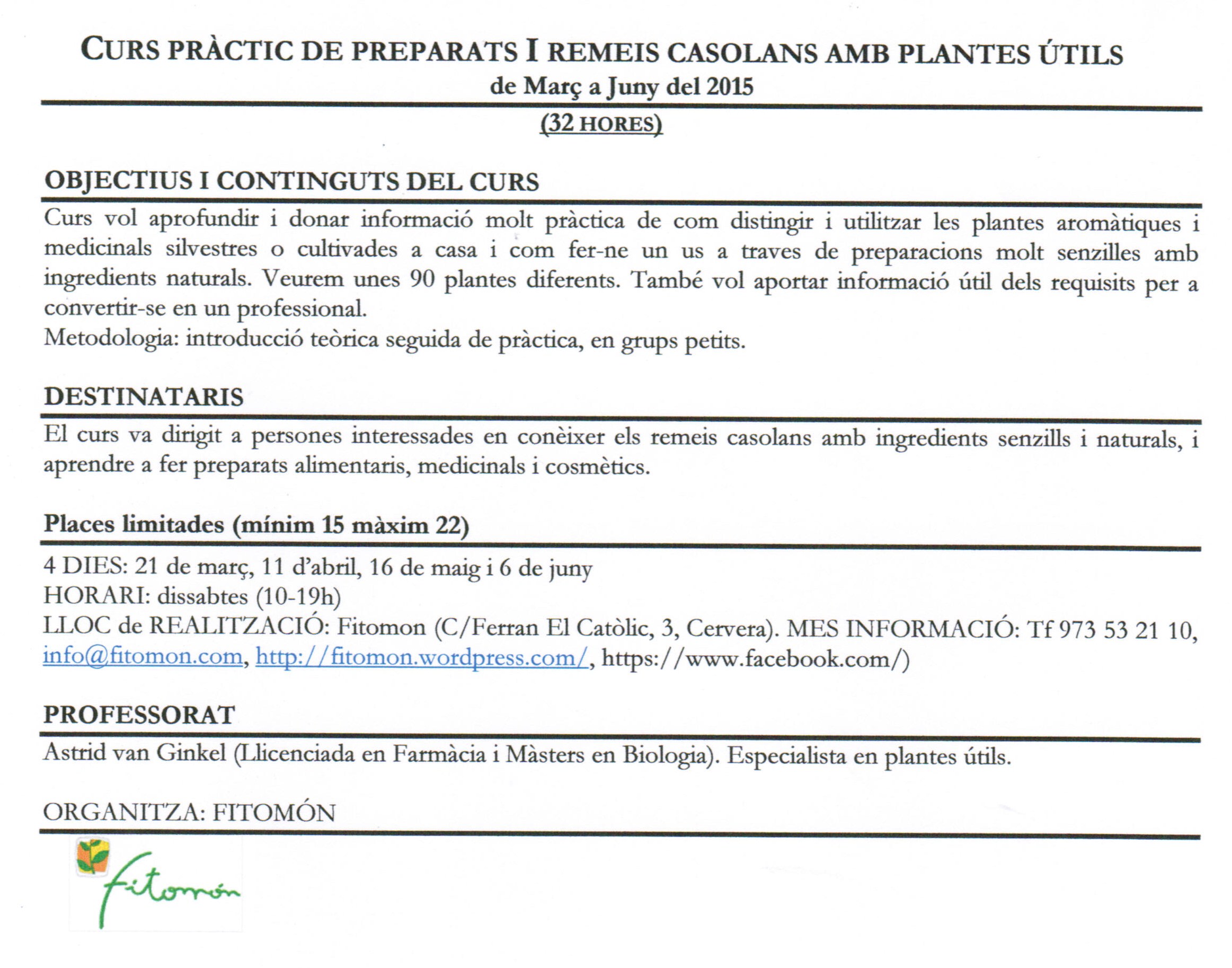 cartell Curs Pràctic de Preparats i Remeis Casolans amb Plantes Útils