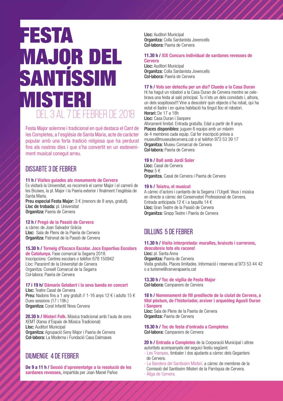 Festa Major del Santíssim Misteri de Cervera 2018 Festa Major del Santíssim Misteri de Cervera 2018