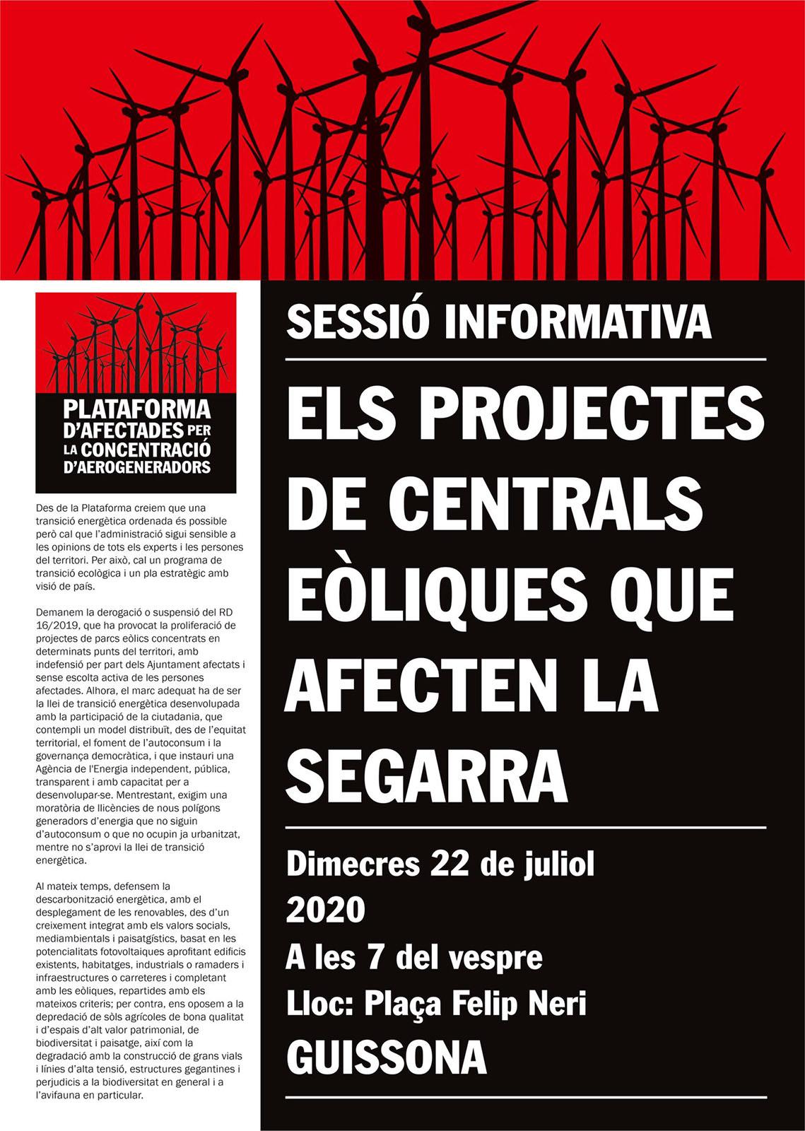 cartell Sessió informativa 'Els projectes de centrals eòliques que afecten la Segarra'