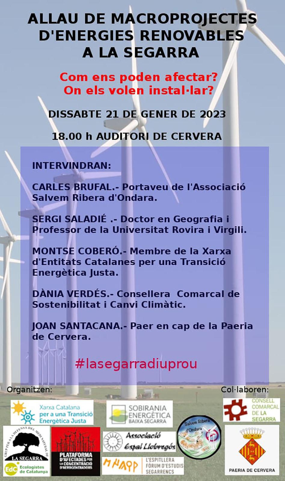 cartell Jornada 'Allau de macroprojectes d'energies renovables a la Segarra'