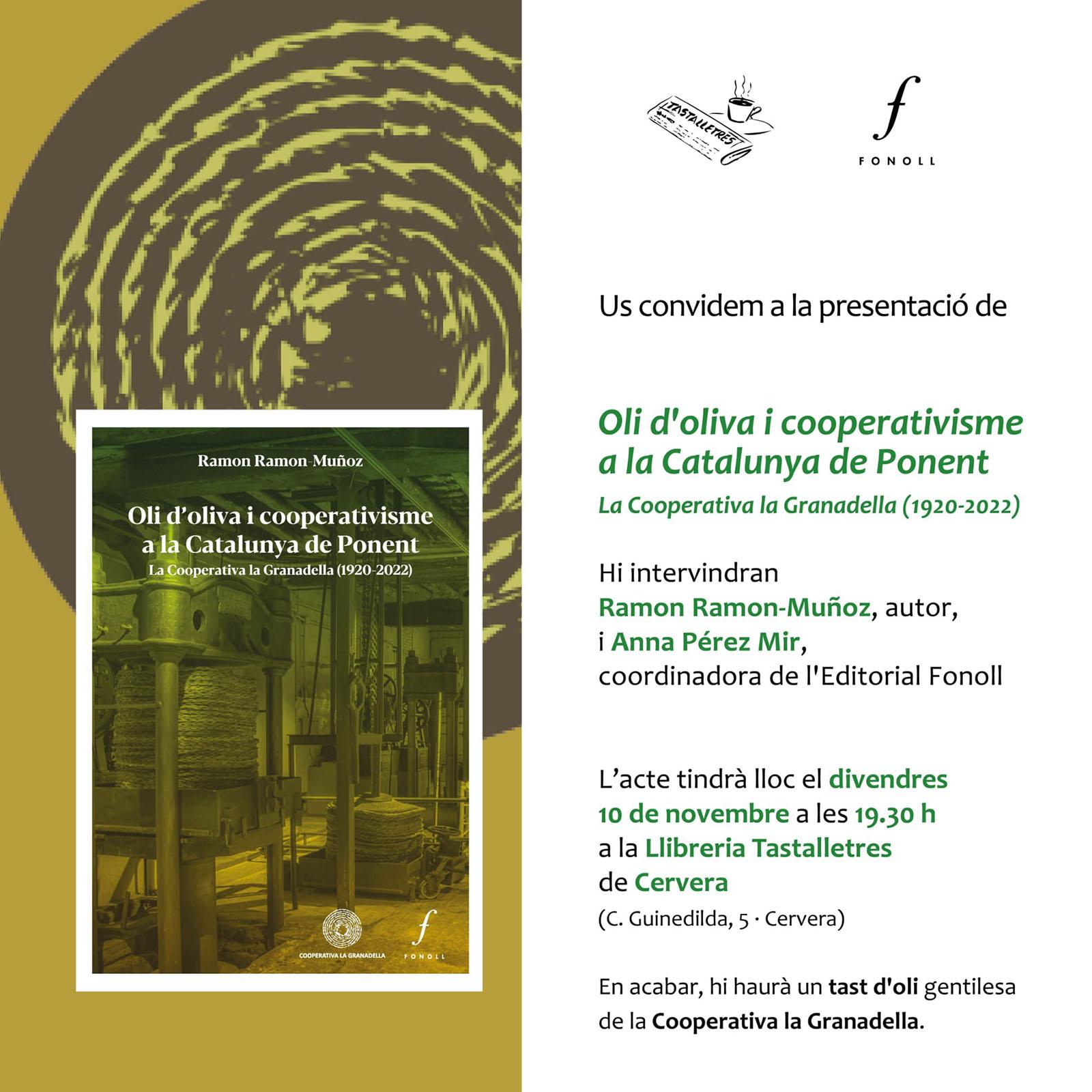 cartell Presentació del llibre 'Oli d’oliva i cooperativisme a Ponent'