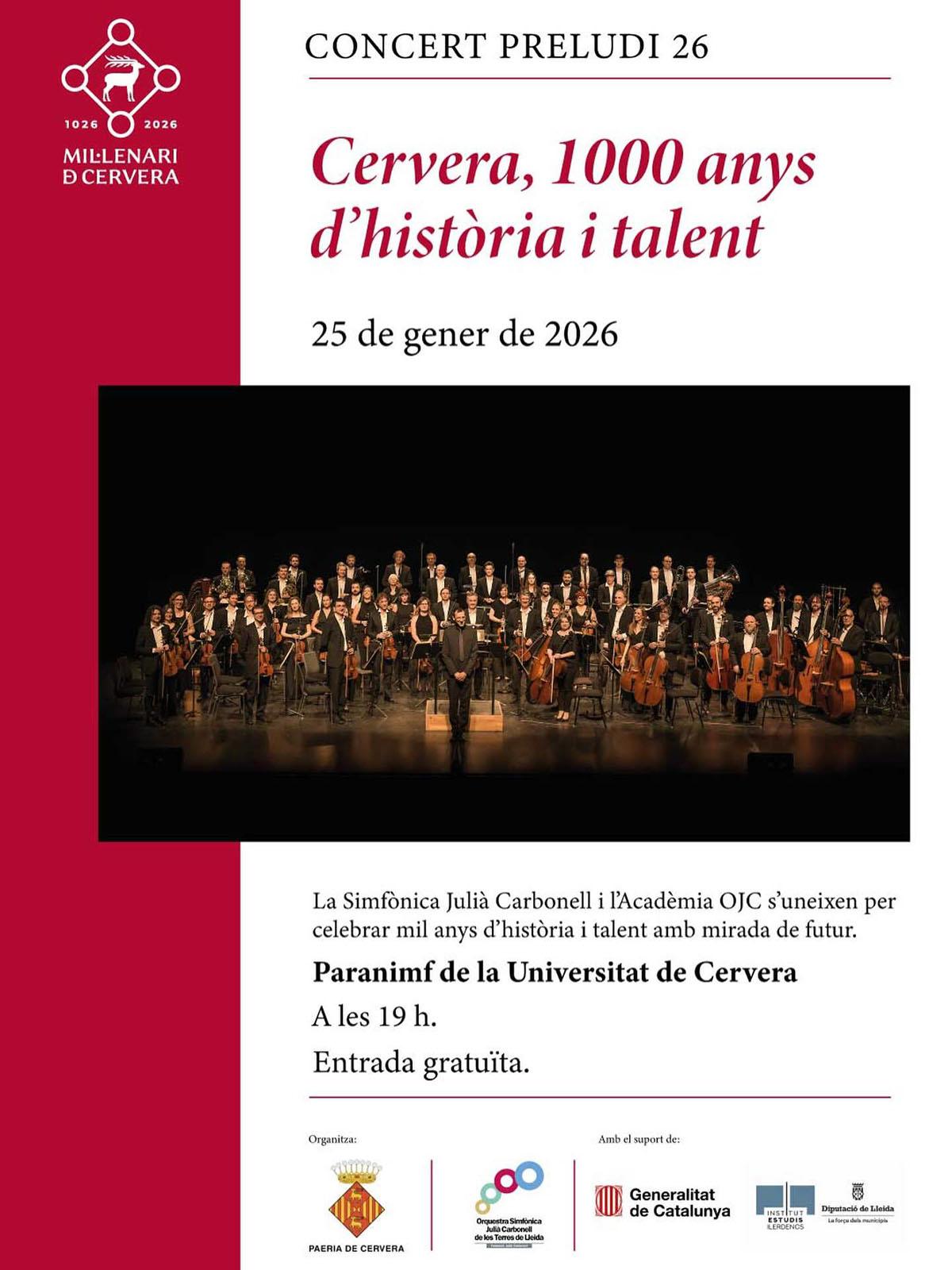cartell Concert 'Preludi 26: Cervera, 1.000 anys d’història i talent'